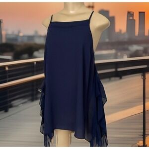 BCBGeneration Sleeveless Sheer Draped Blouse Top Deep Blue‎ Womens Sz S NWT